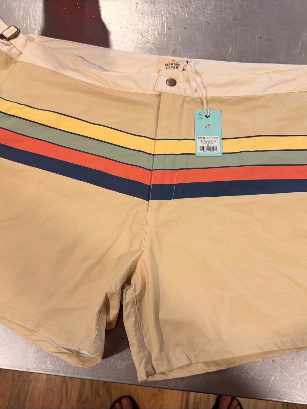 Marine Layer Khaki Swim Shorts with Multicolor Stripes - Size 36 - new with tags